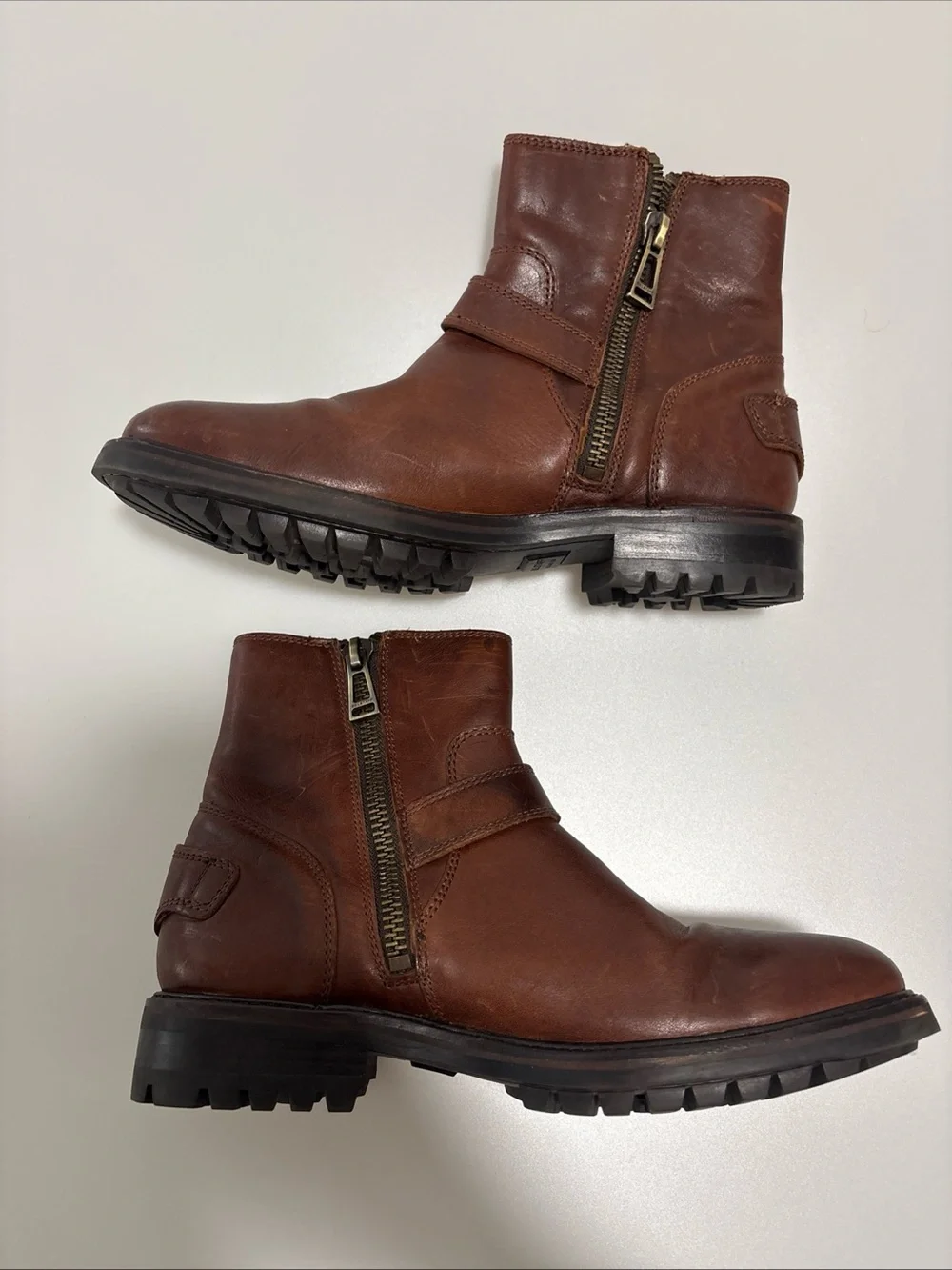 Mens Belstaff brown leather biker metal strap mid high boots size 9.5